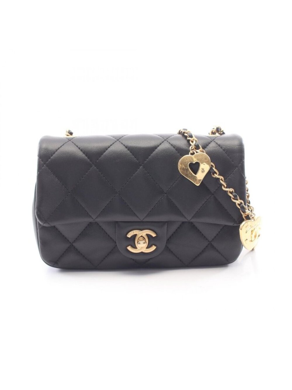 Chanel Shoulder Bag Quilted Black Lambskin Mini Heart Chain